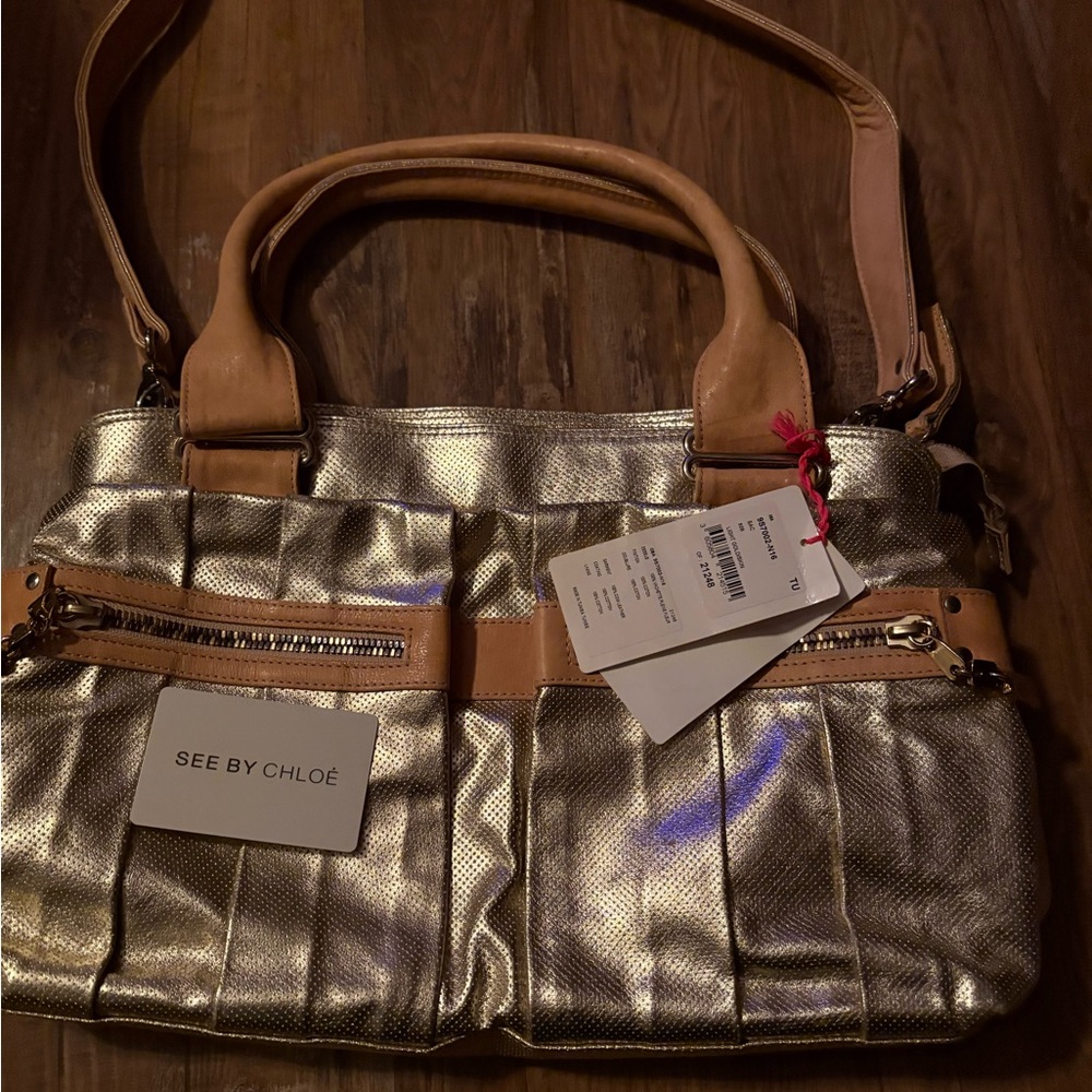 See By Chloe Metallic Gold and Tan Shoulder Bag